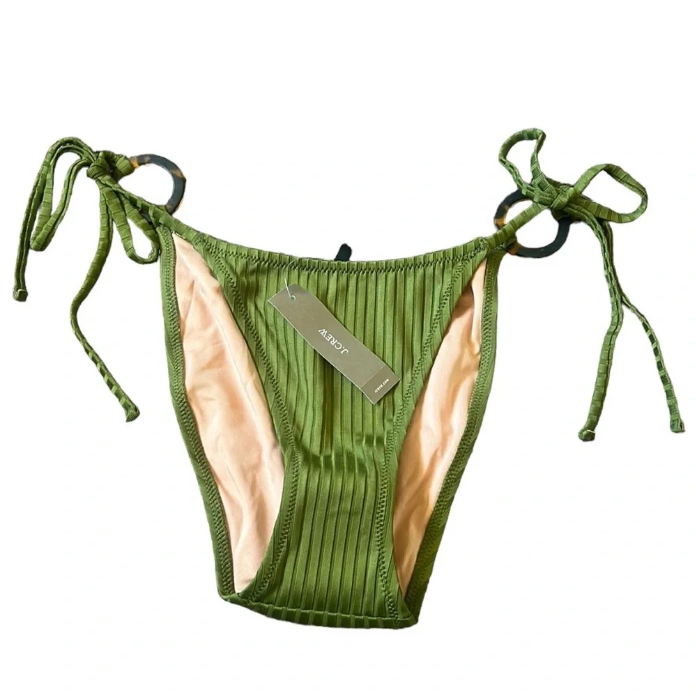NWT J. Crew Green Wide Rib Curved-Waist Cheeky String Swim Bottoms Only S